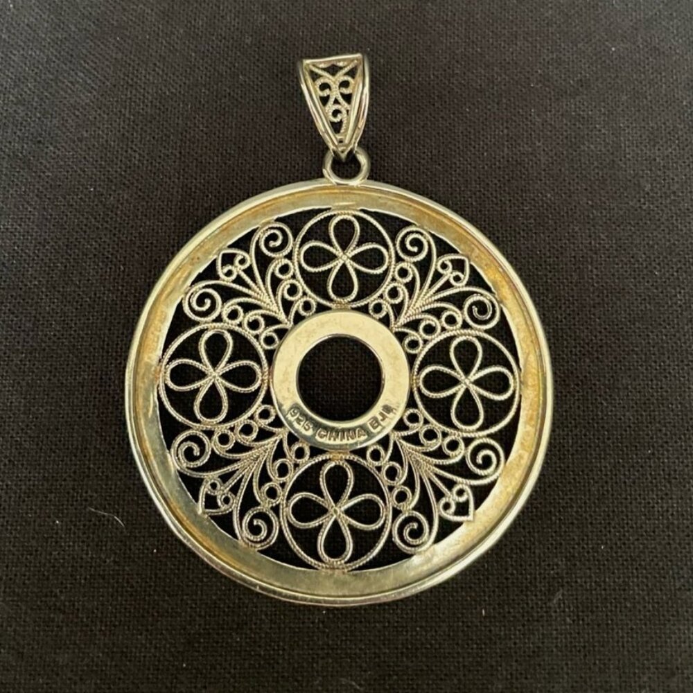 Sterling Silver Pendant Round Filigree Marked 925 China EJI  ~ 8g - Picture 2 of 3